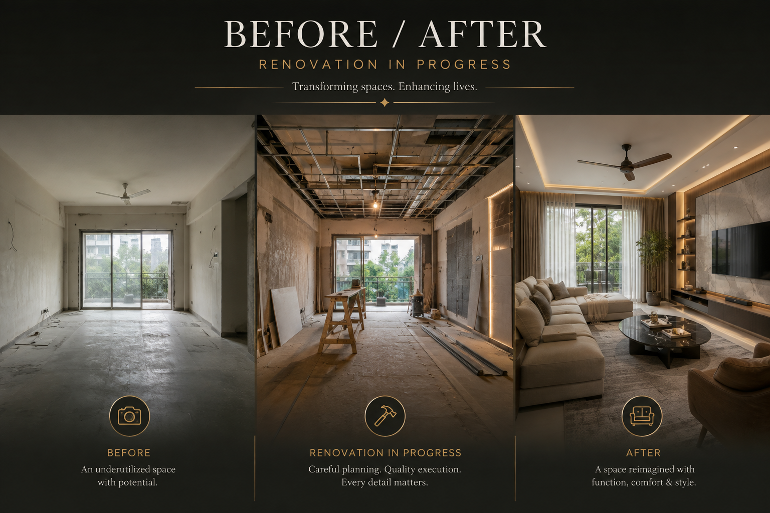 Before after renovation in progress by Illume Interiors