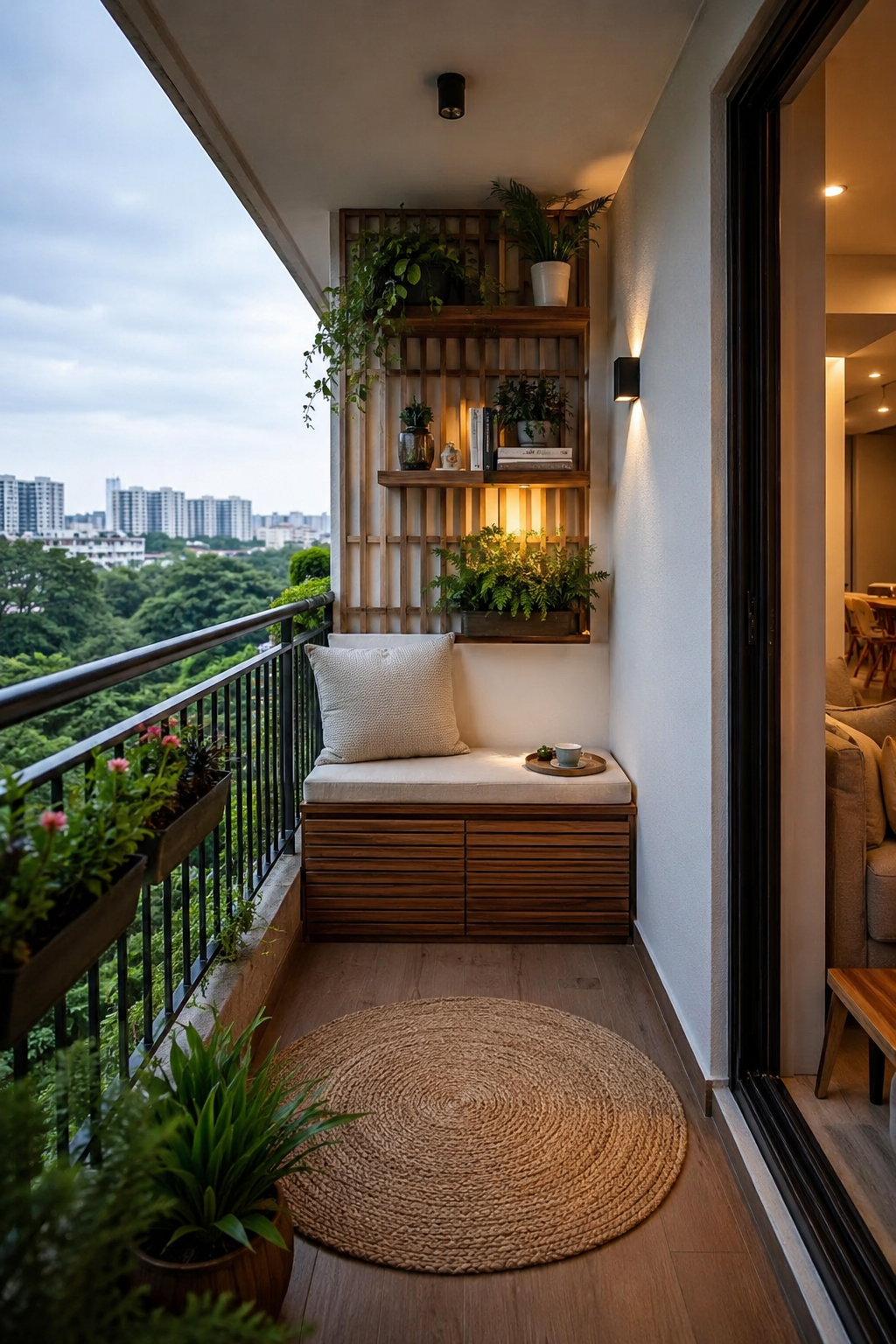 Balcony reading nook with cane furniture and potted plants in a Bangalore 2BHK apartment