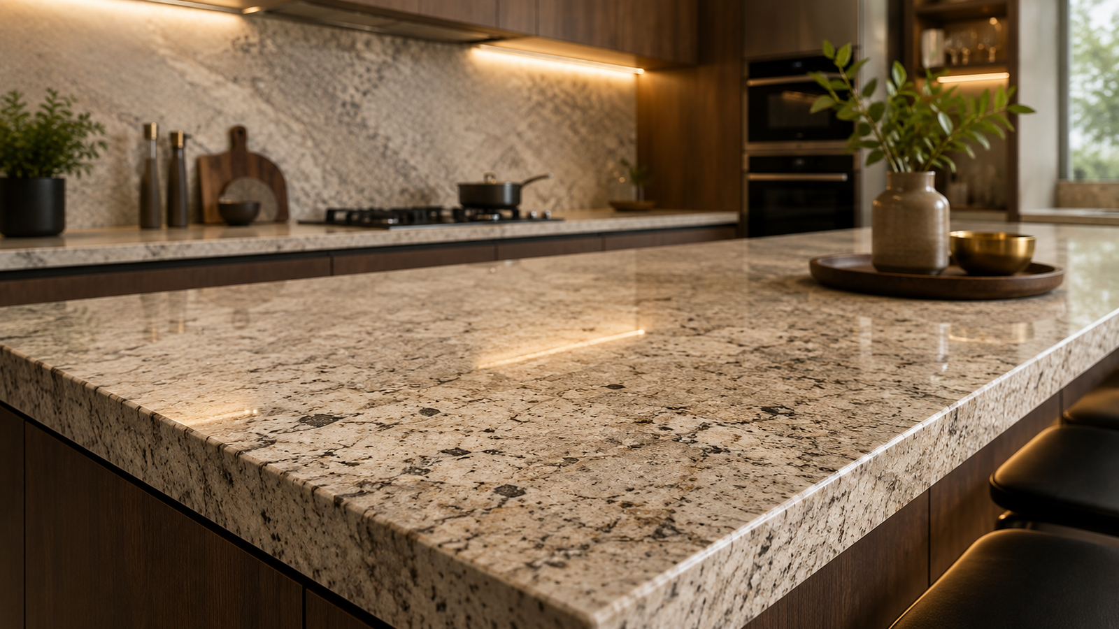 Close-up of granite countertop surface and veining