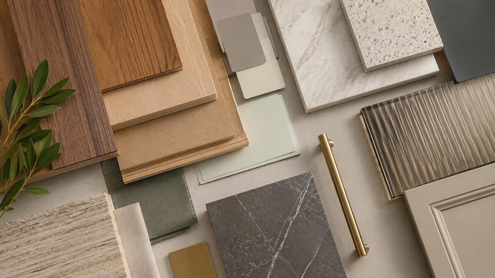 Interior materials guide: cross-section of layered plywood showing grain and grade