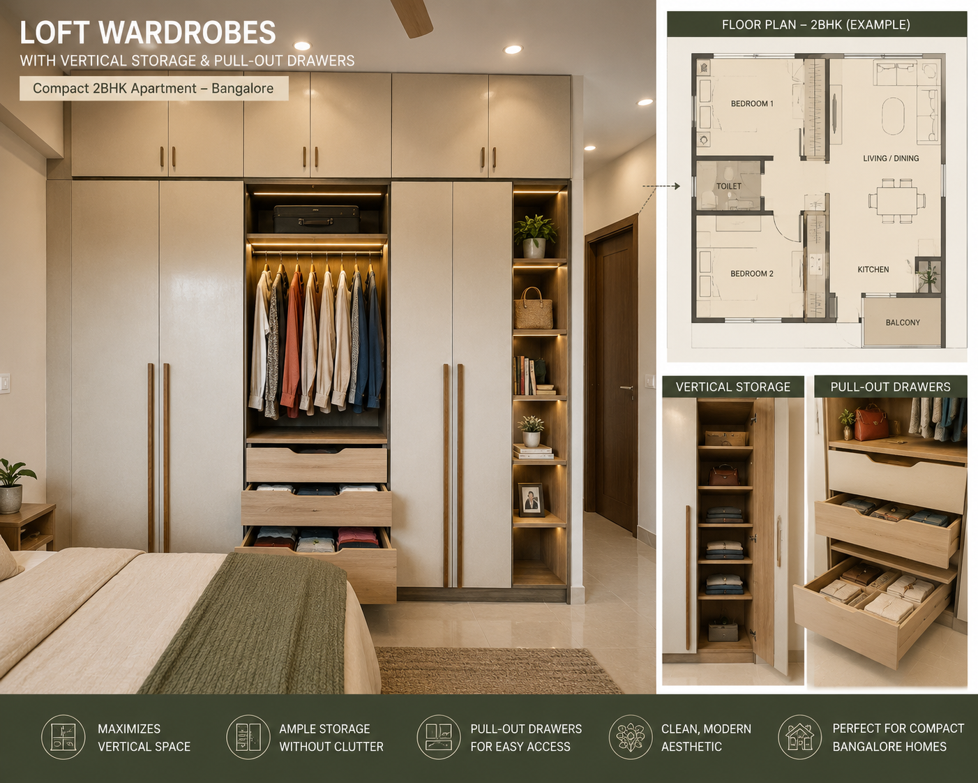 Material palette — moisture-resistant laminate, BWP plywood and acrylic finishes used in a Bangalore 2BHK interior