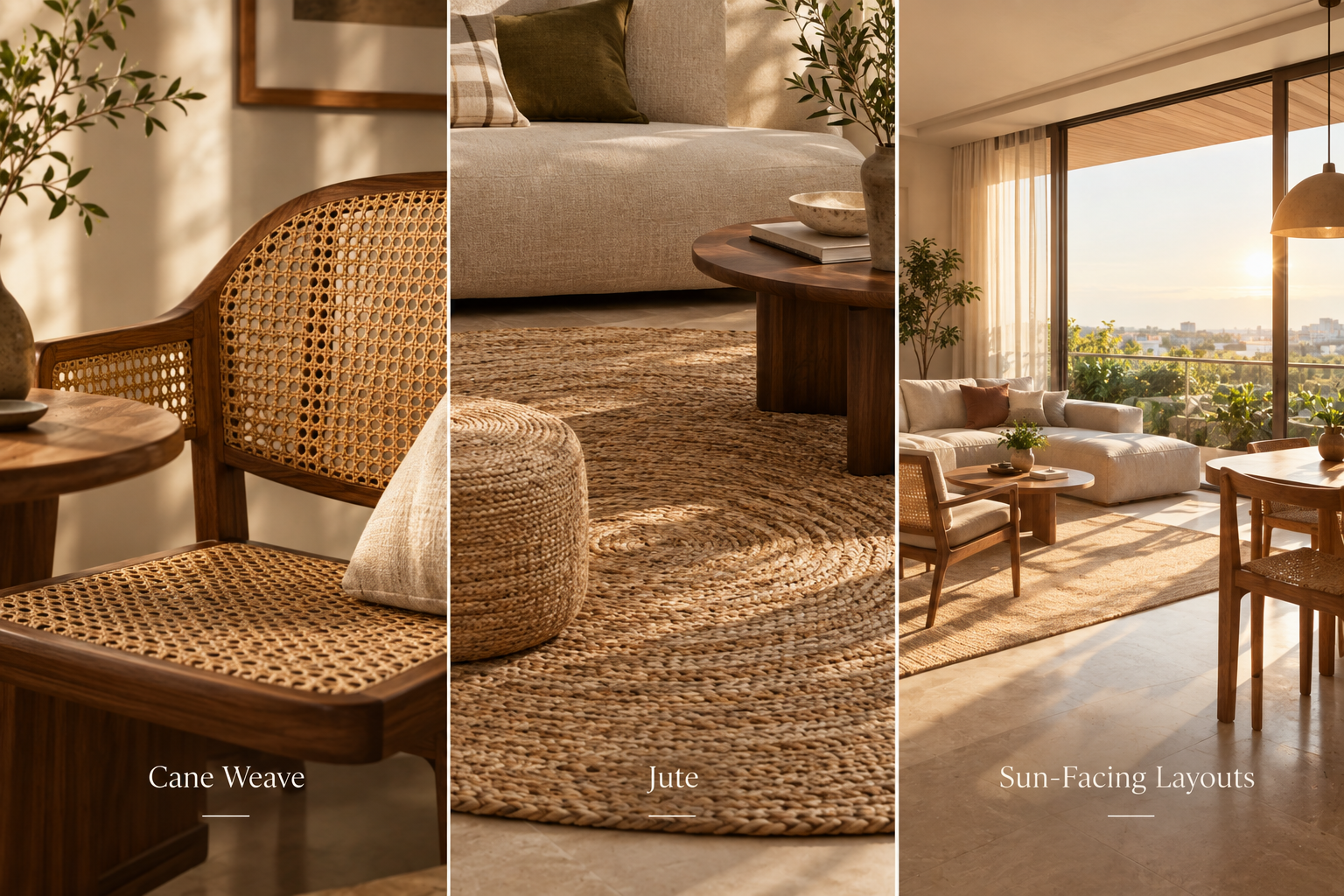 Cane weave, jute, sun-facing layouts