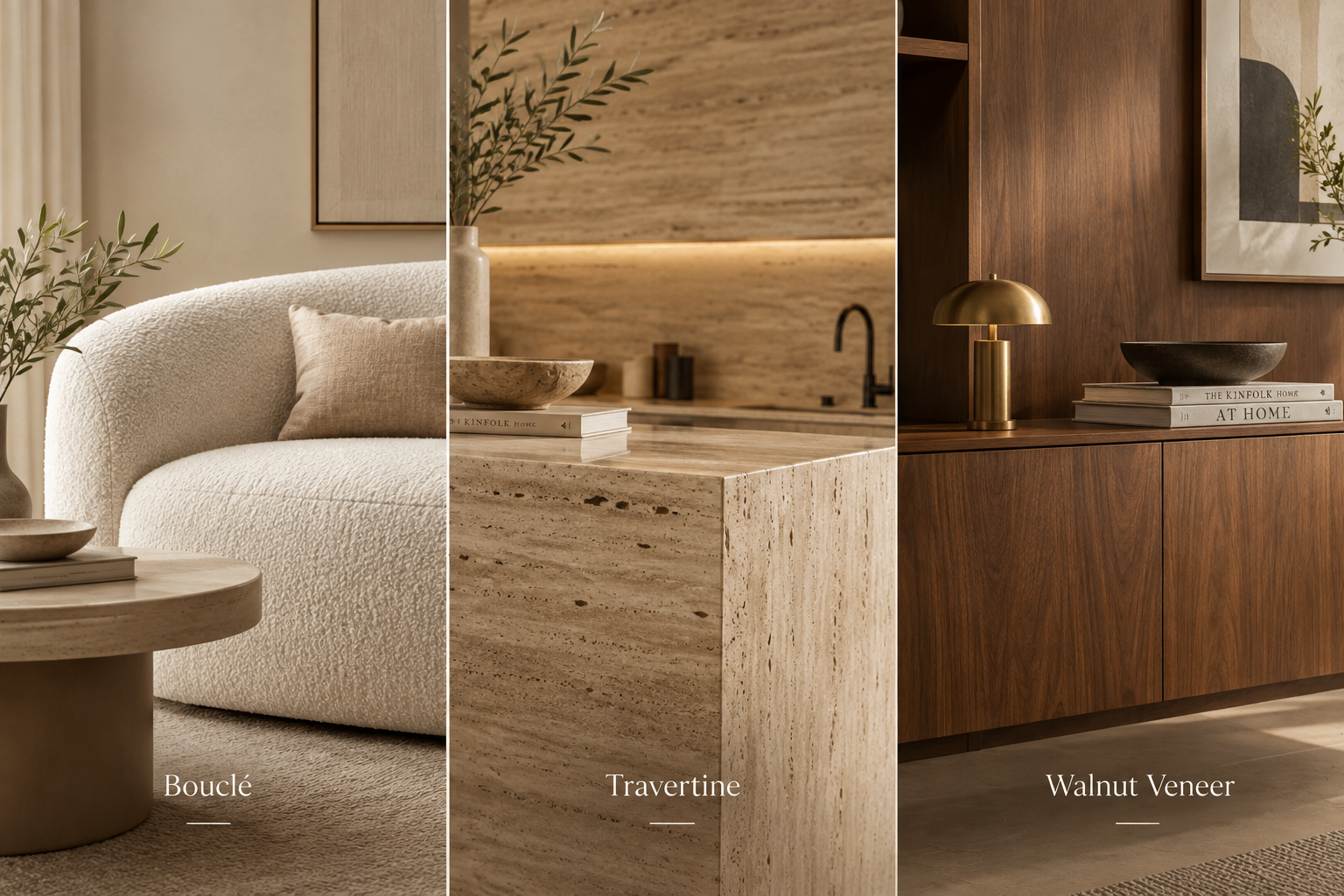 Bouclé, travertine, walnut veneer