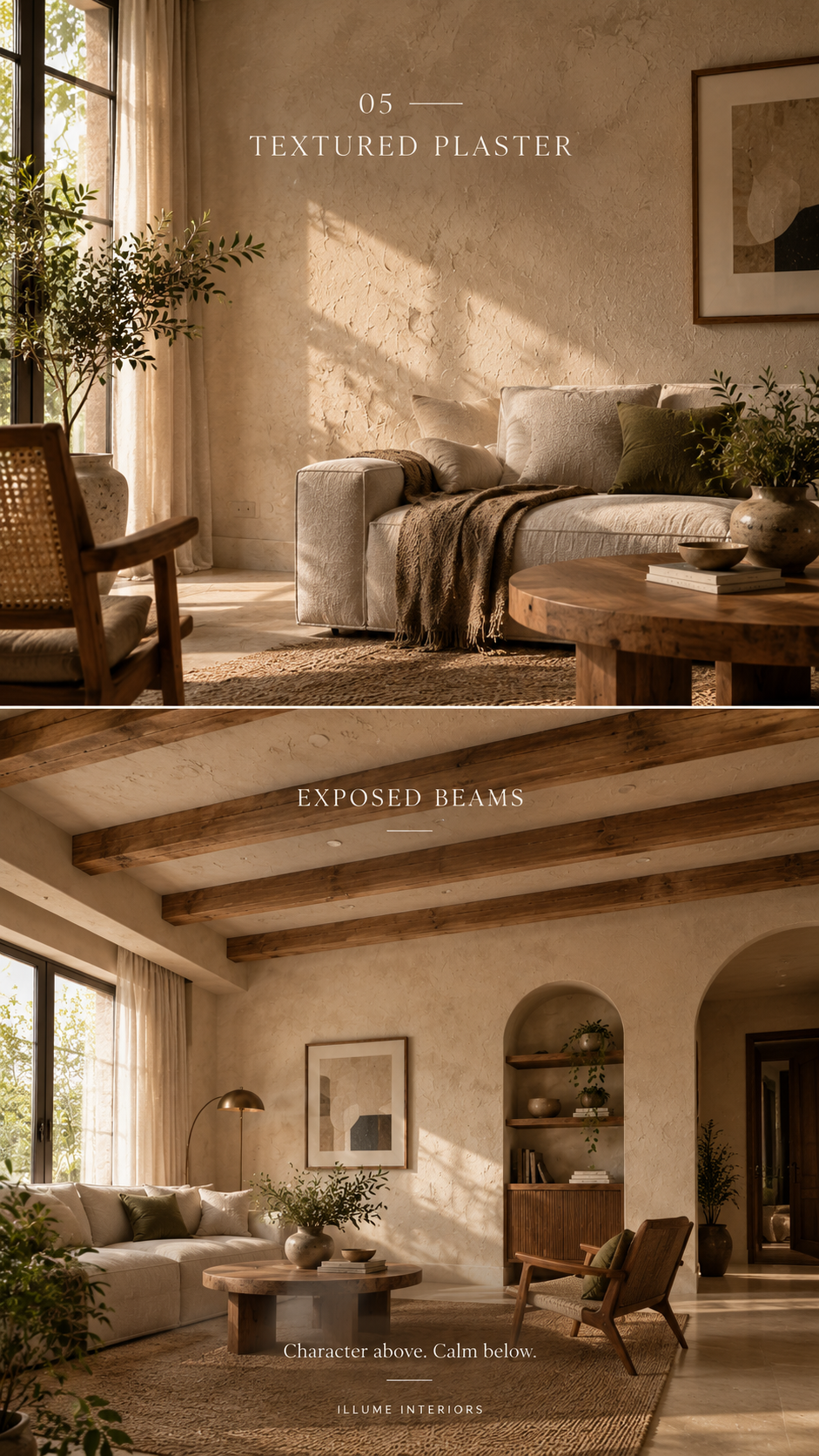 Textured plaster, exposed beams