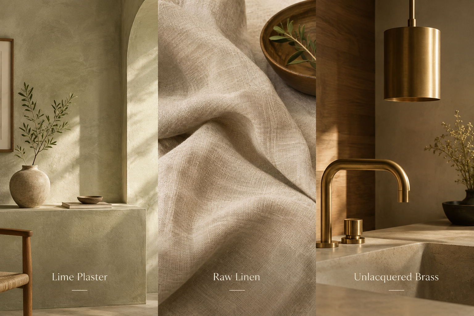 Lime plaster, raw linen, unlacquered brass